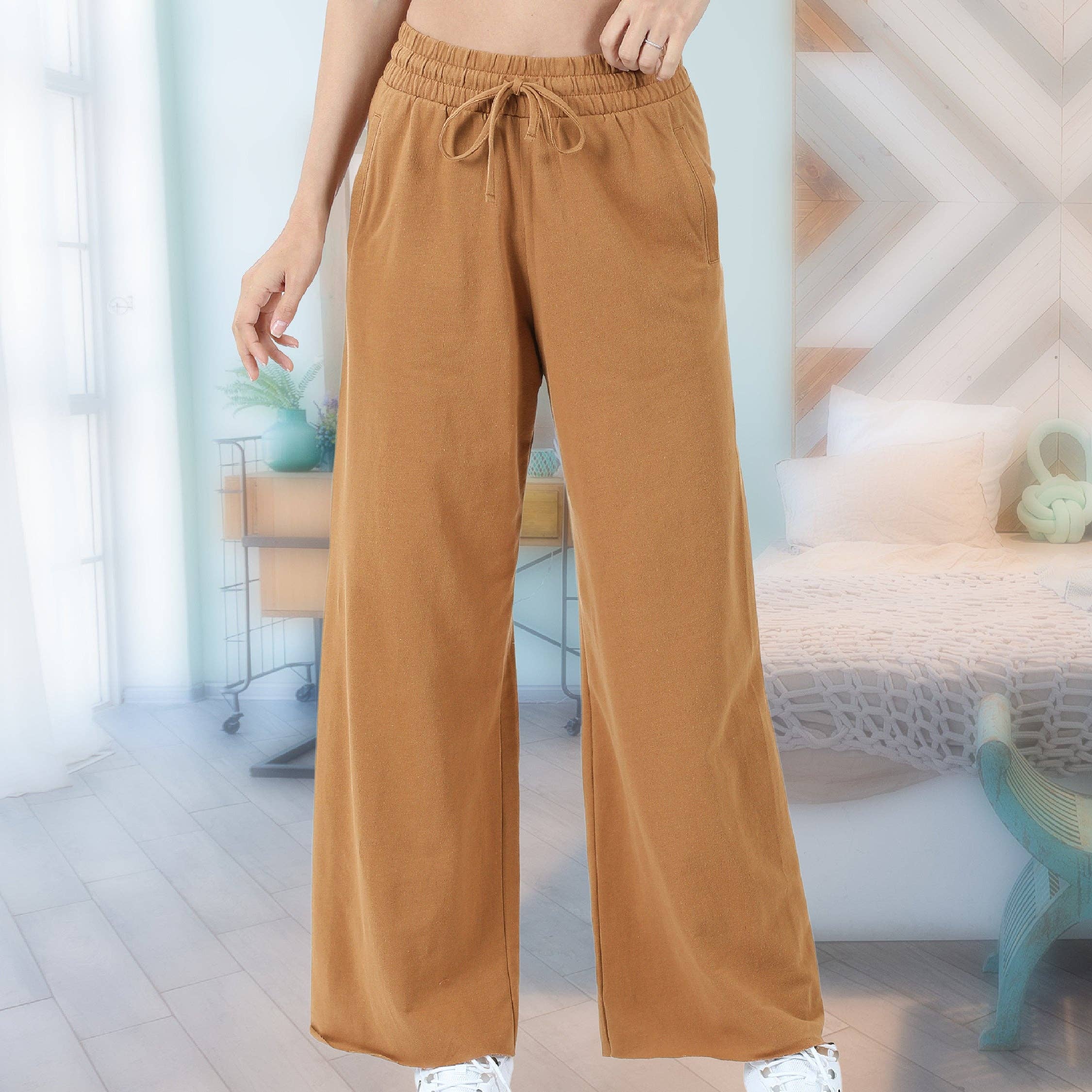 Truly Contagious - Wholesale Pants - Women's - French Terry Drawstring Waist Raw Edge Hem Pants ( TP-39059)1