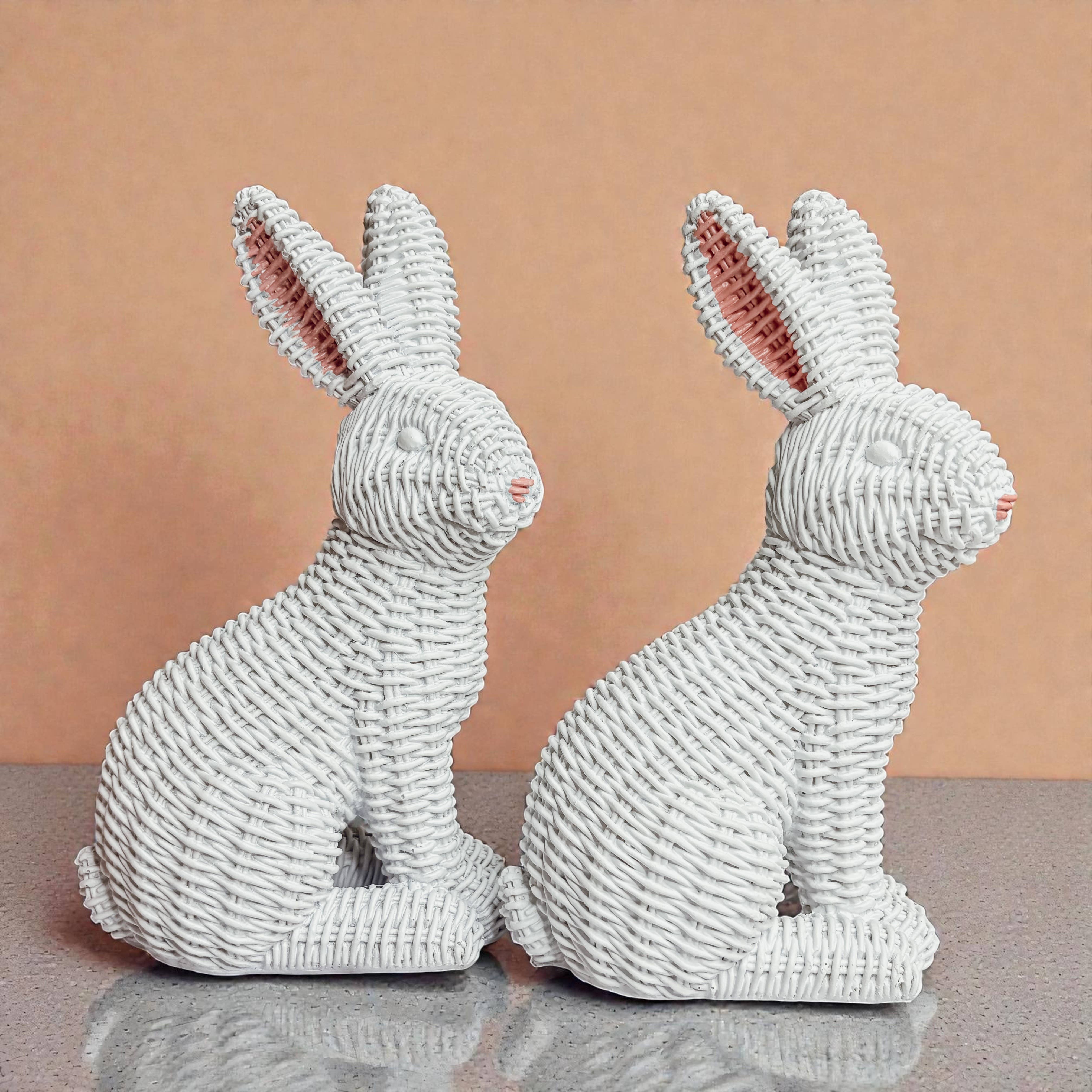 Gia Roma - Wholesale Sculpture - Easter Farmhouse Home Decor, Resin Bunny Figurine Rattan 18