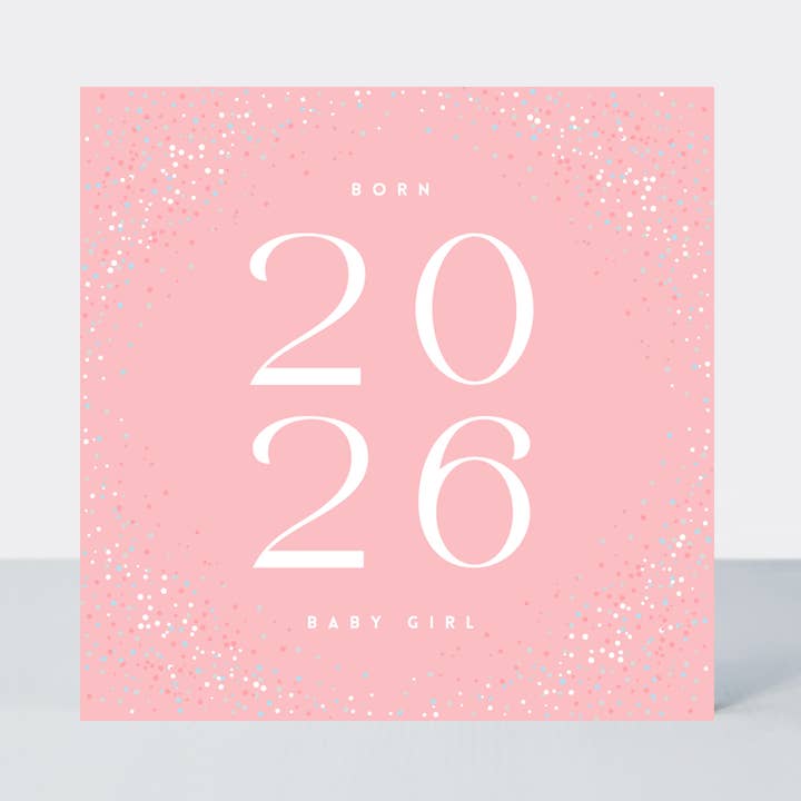 Carte de naissance petite fille « Galaxy Rose » confettis — Née en 2026 pour la vente par Petimo