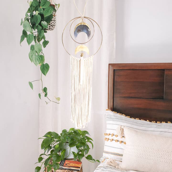Wall Decor Ancestor Crystal Moon Brass and Macrame Wall Hanging Cream for wholesale by Dreamers of Dreams