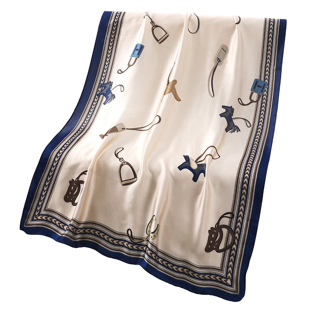 YOUZEY - Wholesale Scarf - Women's - Ivory and Blue Faux Silk Scarf2
