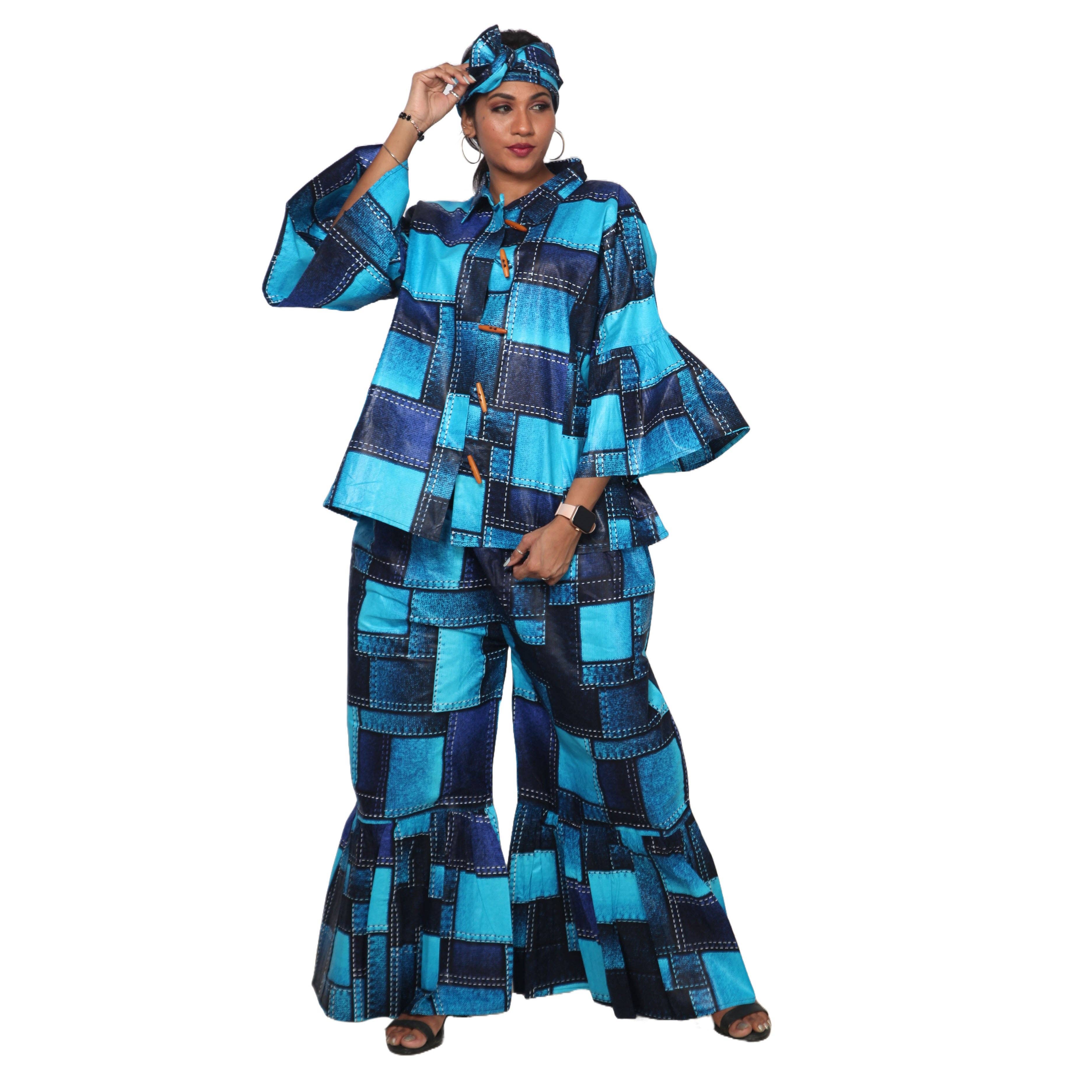 African Stars - Vente Ensemble haut et pantalon (PAS d'intérieur) - Femme - Ensemble Chemisier Femme et Pantalon Palazzo -- Imprimé FI-405039