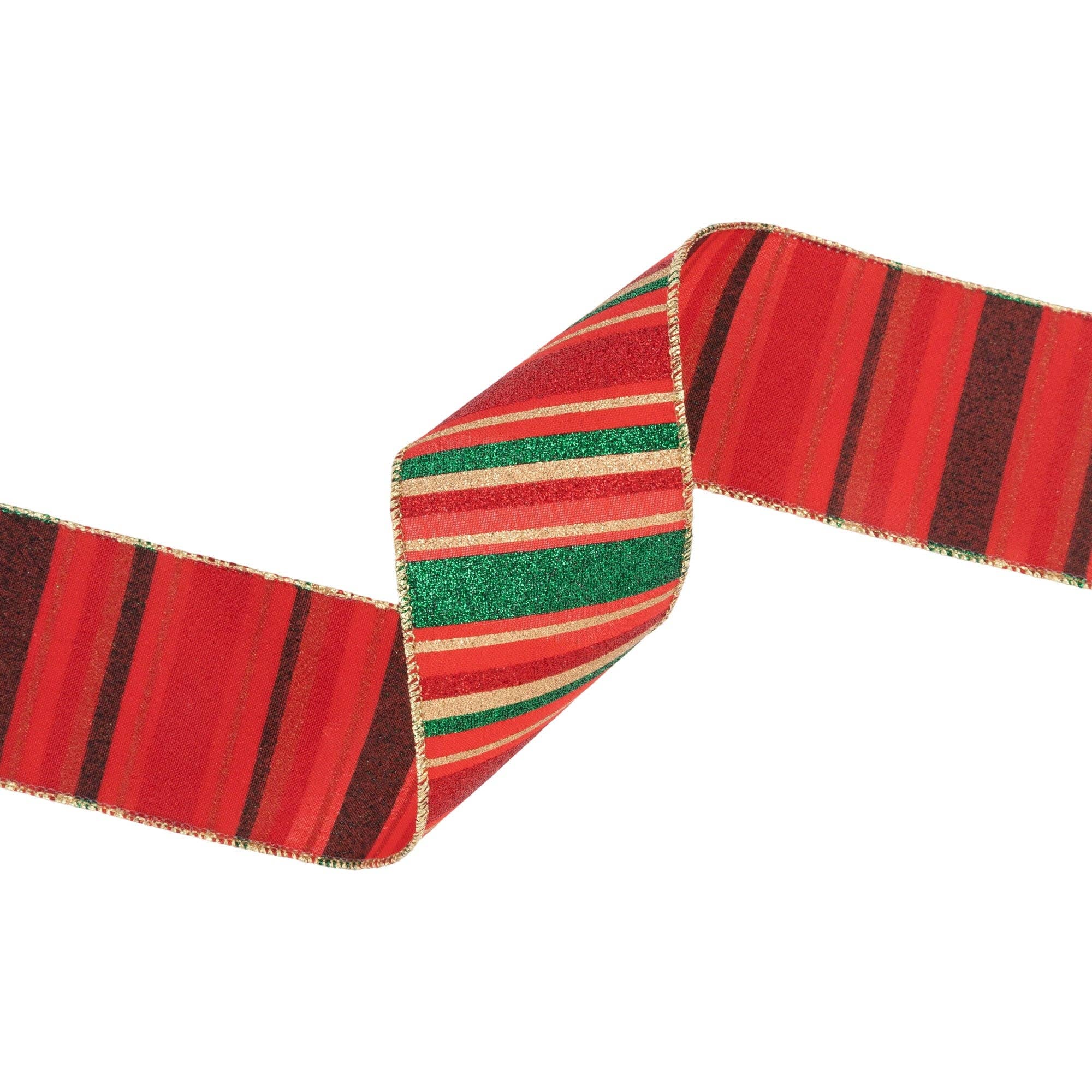 LA Ribbons Wholesale – wholesale Band – 2 1/2" Trådband | Röda, Gröna, Guld Horisontella Glittrande Ränder på Rött | 10 Yards Rulle3