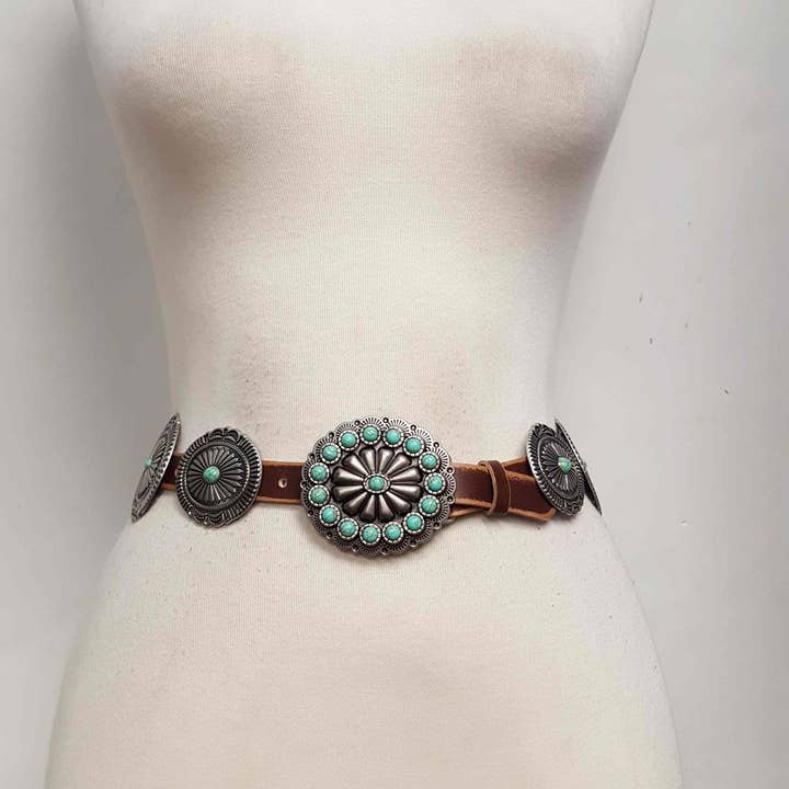 Axesoria West - Wholesale Belt - Women's - Genuine Distressed Leather belt w. full-packed oval conchos4