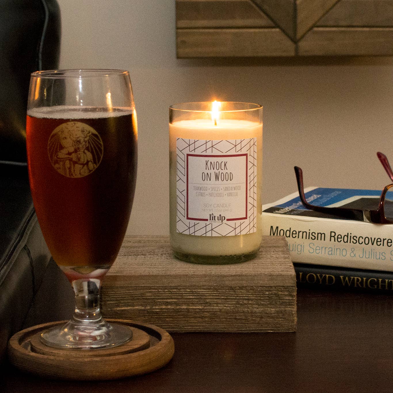 Lit Up Candle Co. - Wholesale Jar/Filled Candle - Knock on Wood scented 12 oz. soy candles in wine bottles4