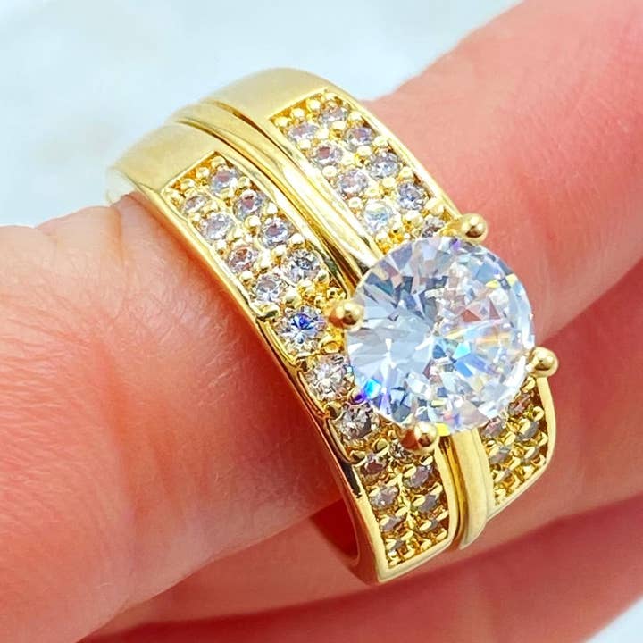 18K Gold Filled Bridal Ring Set, Engagement and Wedding Band Set, with Round Cut Solitaire & Pave CZ for wholesale by Luxus Accessories