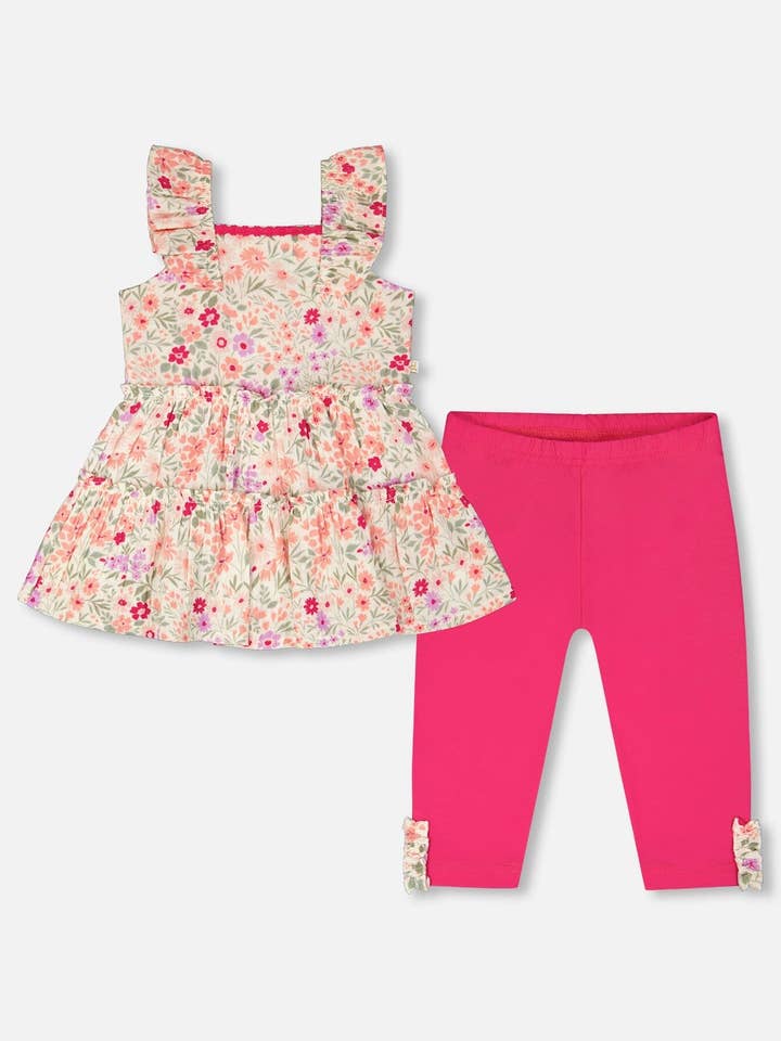 Set tunica e capri in cotone biologico avorio con fiori stampati e rosa per la vendita all'ingrosso da parte di Deux par Deux