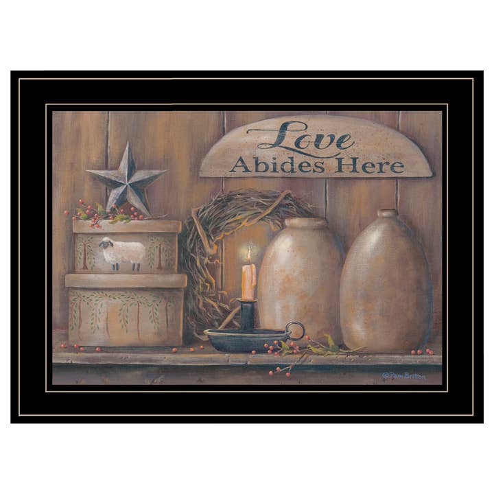 "Love Abides Here Shelf" by Pam Britton Black Framed Art for wholesale by Trendy Decor 4U