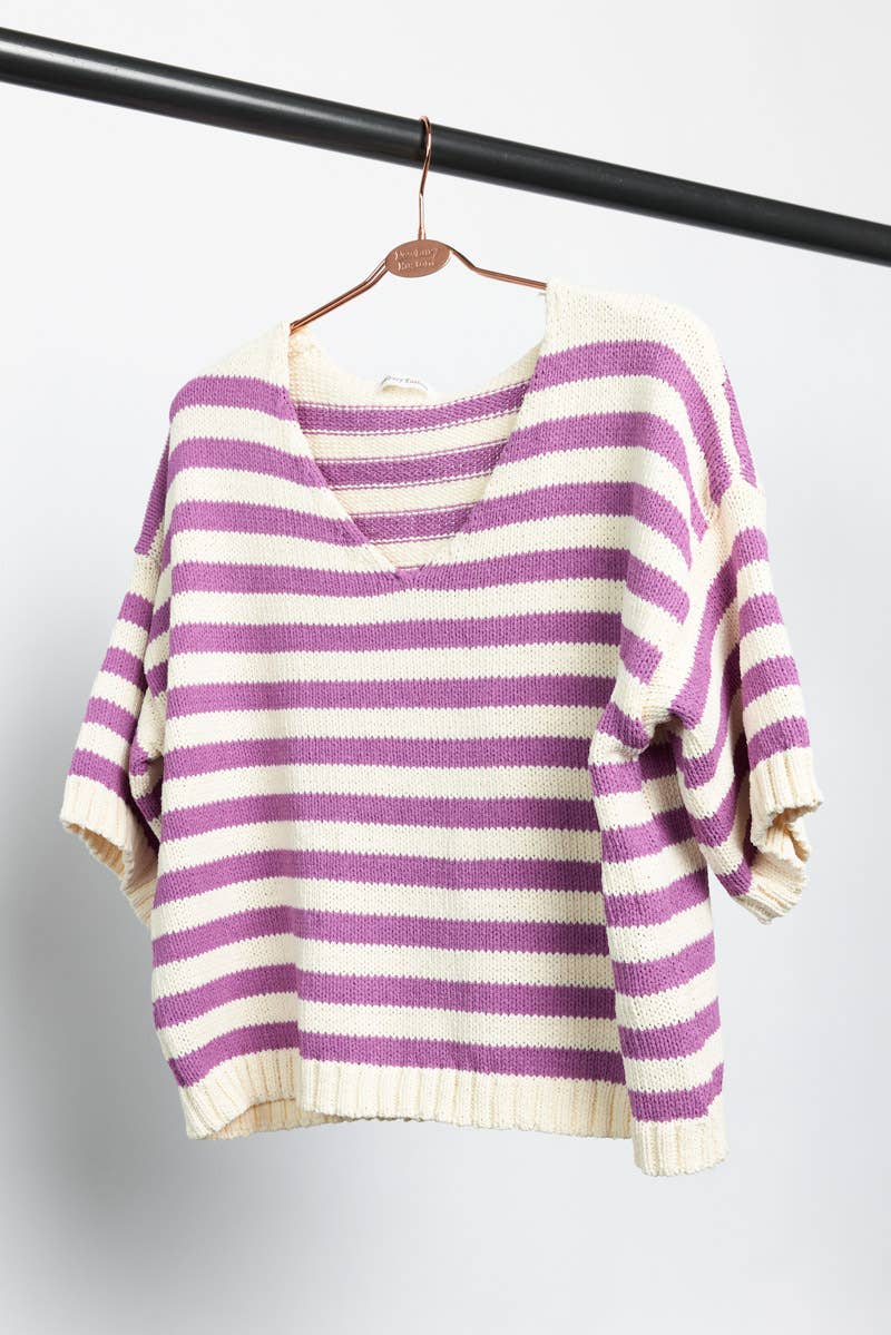 Newbury Kustom - Wholesale Knit Top - Women's - 11300-Striped Short Sleeve V-Neck Knit Top6