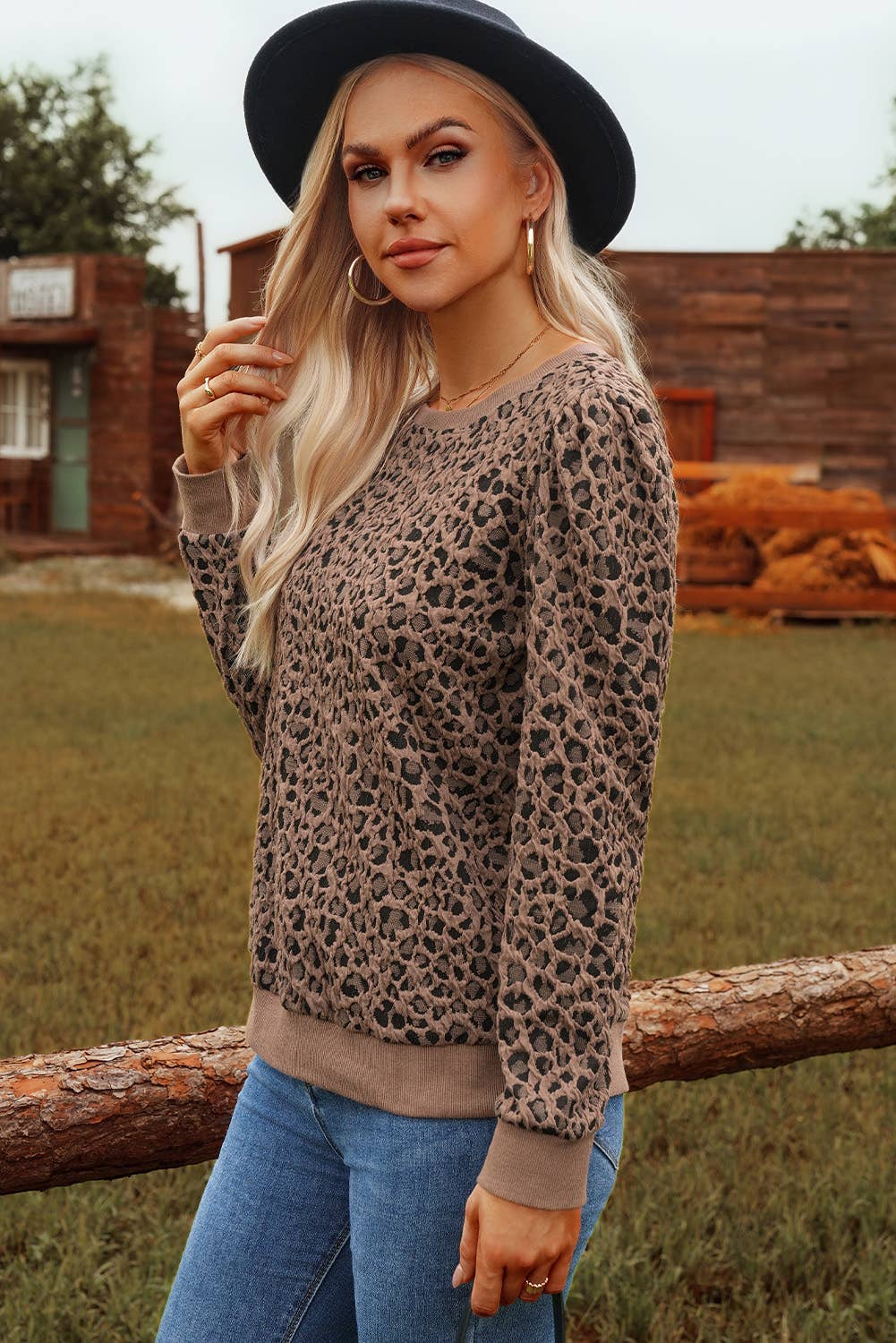 fashionworks - Wholesale Knit Top - Women's - Western Ribbed Trim Leopard Print Long Sleeve Top *S-4X3