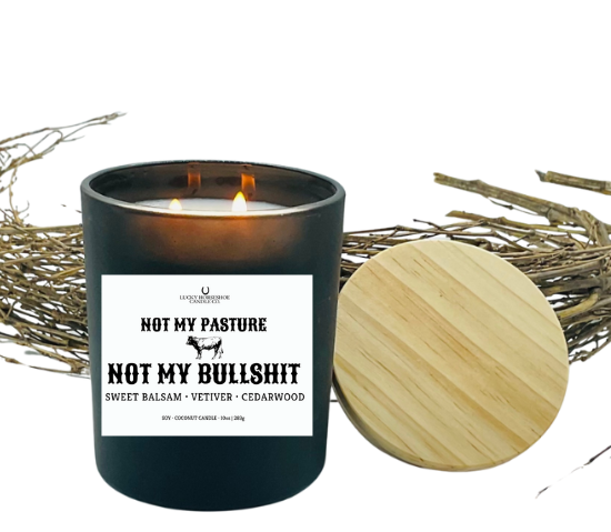 Lucky Horseshoe Candle Co. - Wholesale Jar/Filled Candle - Not My Pasture Not My Bullshit Soy Coconut 10oz Candle Black2