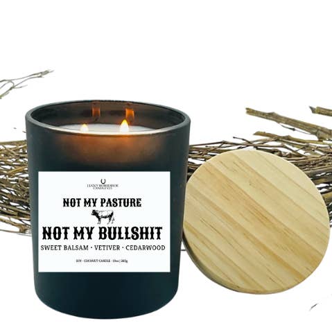 Lucky Horseshoe Candle Co. - Wholesale Jar/Filled Candle - Not My Pasture Not My Bullshit Soy Coconut 10oz Candle Black2