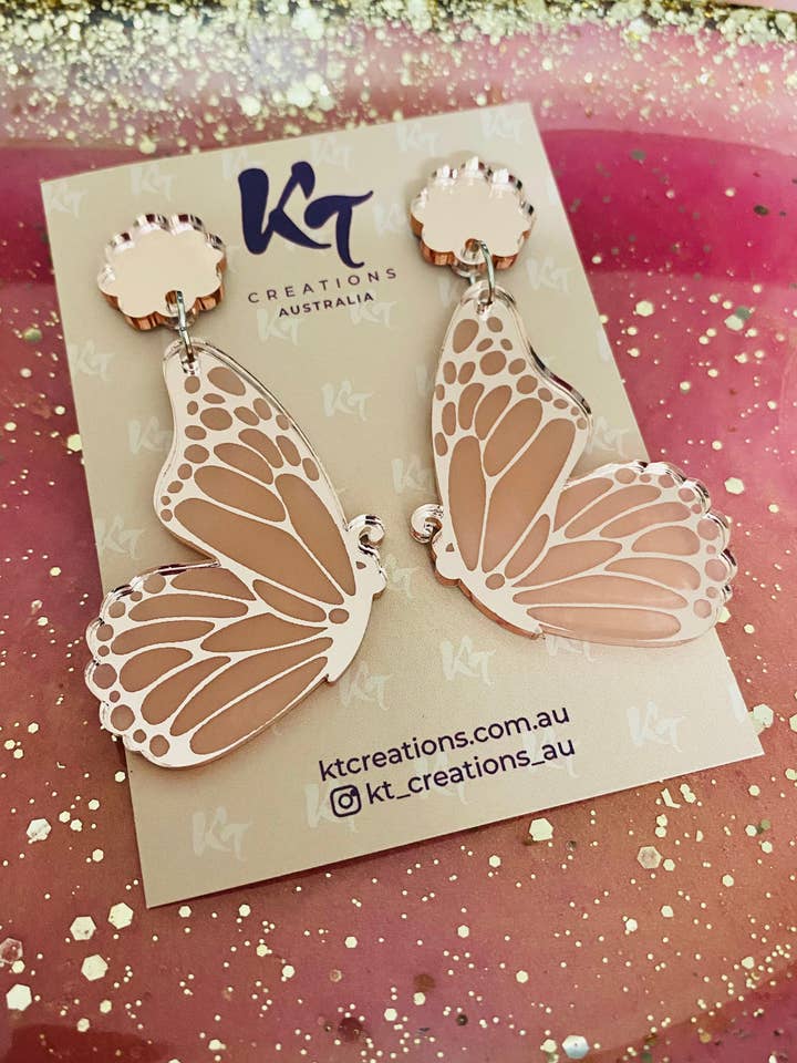Rose Gold Butterfly Wing Acrylic Dangle Earrings and Rose Go for wholesale by KT Creations Australia