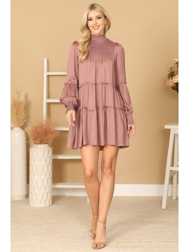 MYS Wholesale Inc - Wholesale Dress - Women's - Shirred High Neck Puff Sleeve Tiered Satiny Dress