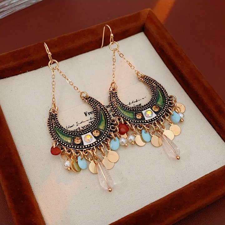 Green Earwish – Boho Moon Drop Tassel Earrings for wholesale on Faire6