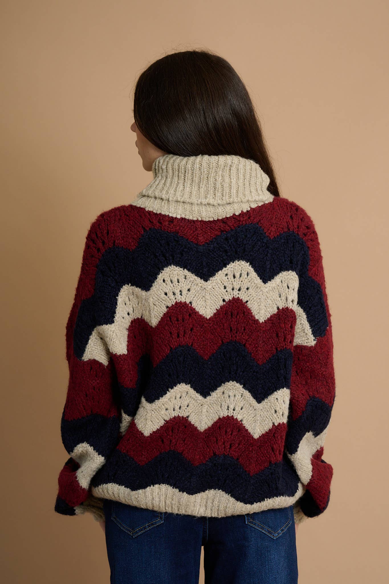 AMELÉ - Wholesale Knit Sweater - Women's - Multicolored zigzag chunky knit turtleneck sweater4