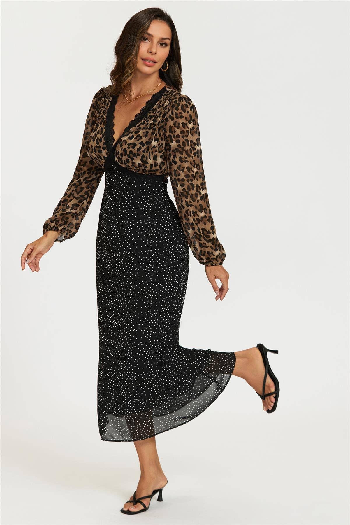 Black Dot & Brown Leopard Print Long Sleeve Maxi Dress for wholesale on Faire4