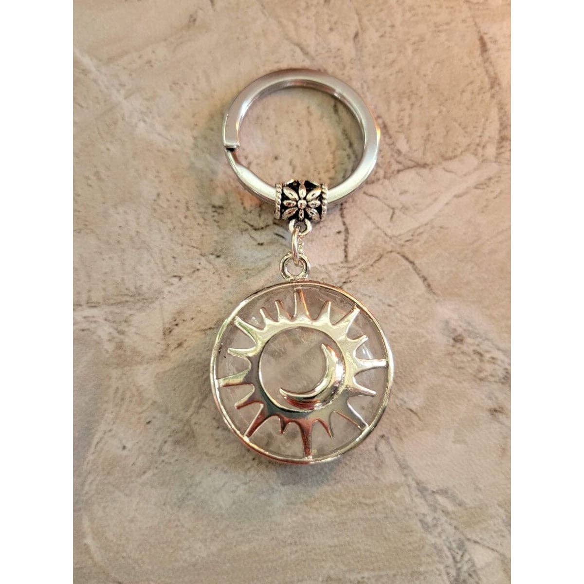 My Magic Place Shop - Wholesale Keychain - Women's - Natural Quartz Crystal Keychain,  Flat Round with Sun & Moon0