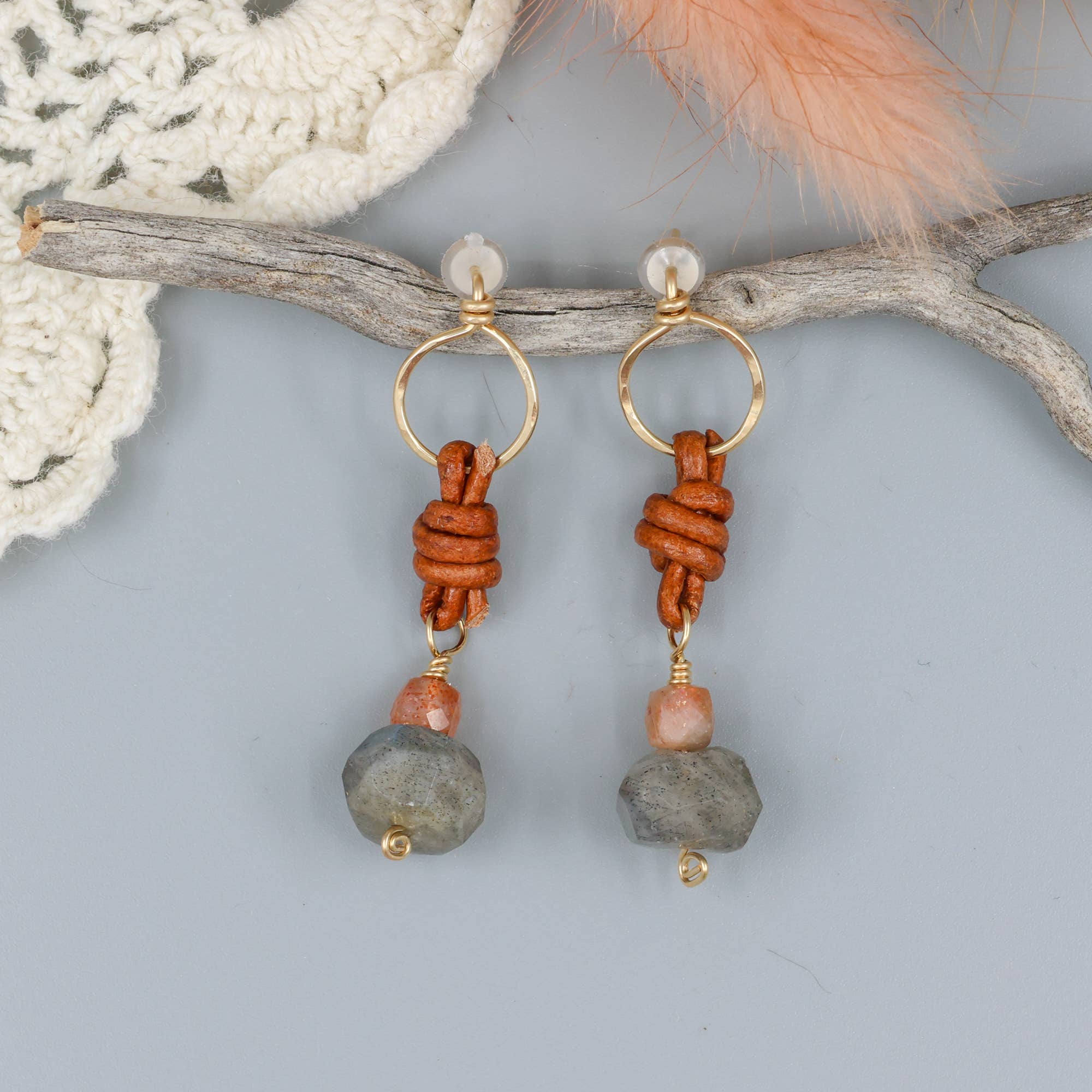 The Stitch Alliance - Wholesale Dangle Earrings - Labradorite & Sunstone Drop Earrings 14k Gold Fill Leather