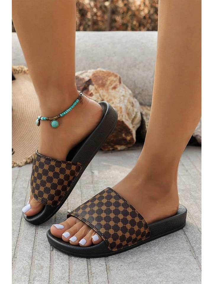 Coffee LDC Checkered Print PU Leather Thick Sole Slippers for wholesale on Faire