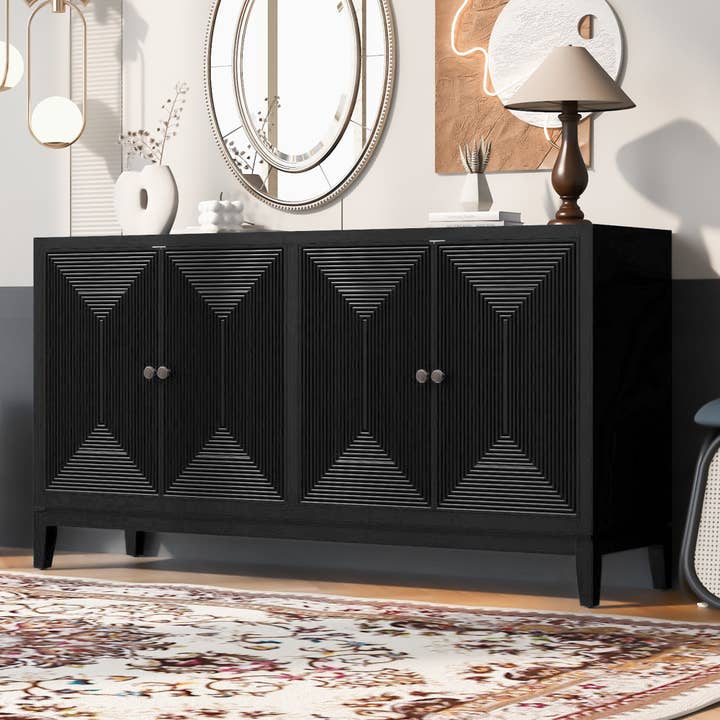 Sleek Storage Cabinet Sideboard Buffet With Vertical Line Design,Suitable For Study,Entrance And Living Room Black Primary Living Space American Design Adjustabel Shelves Mdf for wholesale by Orange County Decor