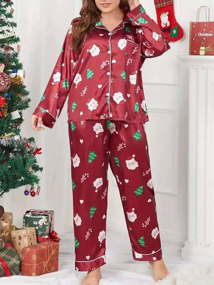 DE VAVE - Wholesale Sleepwear Set - Women's - Christmas Pattern Satin Pajama Set