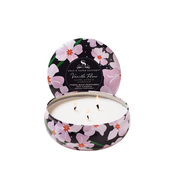 Soap & Paper Factory - Wholesale Travel Candles - Vanilla Fleur Three-Wick Tin Soy Candle