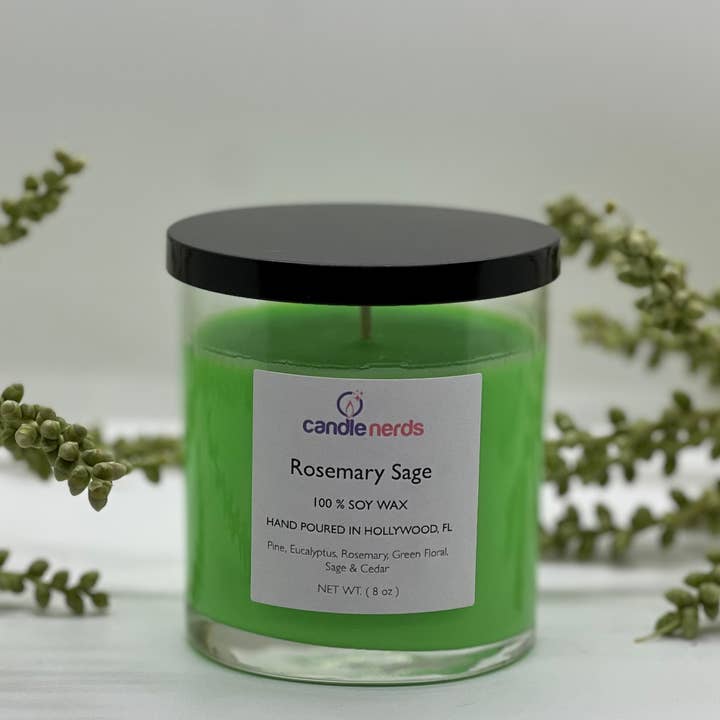 Rosemary Sage Soy Candle in Glass Jar with Black Lid for wholesale by Candle Nerds