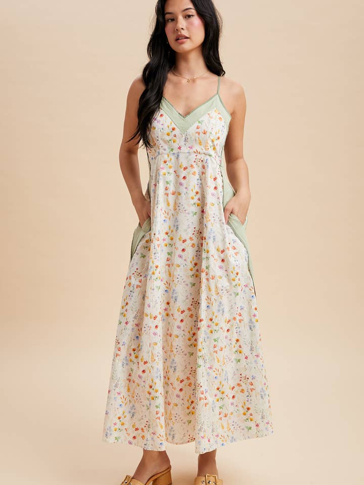 COTTON FLORAL CONTRAST MAXI DRESS for wholesale by In Loom
