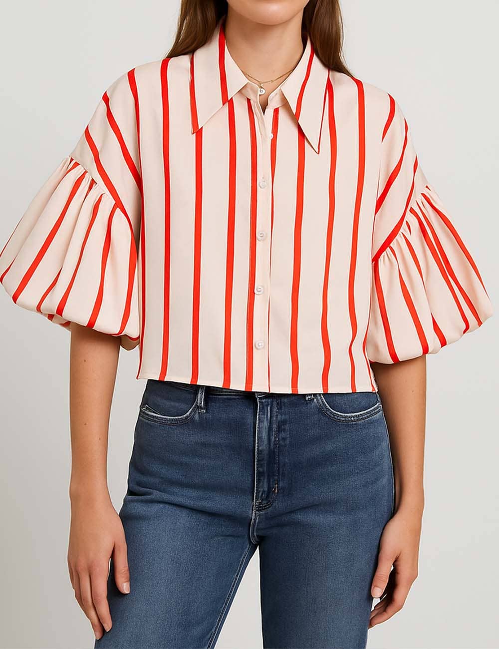 Sweetkama – wholesale Buttoned-down shirt – Women's – Ladies Striped Puff Sleeves Button Shirt SP06810