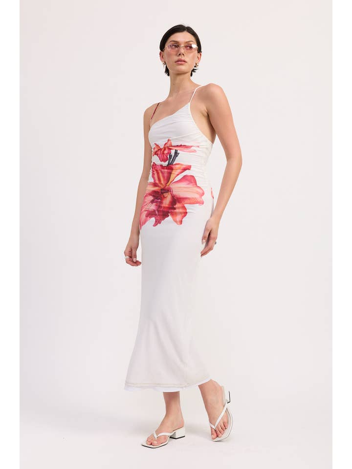 WHITE PINK FLORAL PRINTED ONE SHOULDER RECHED DRESS for wholesale on Faire