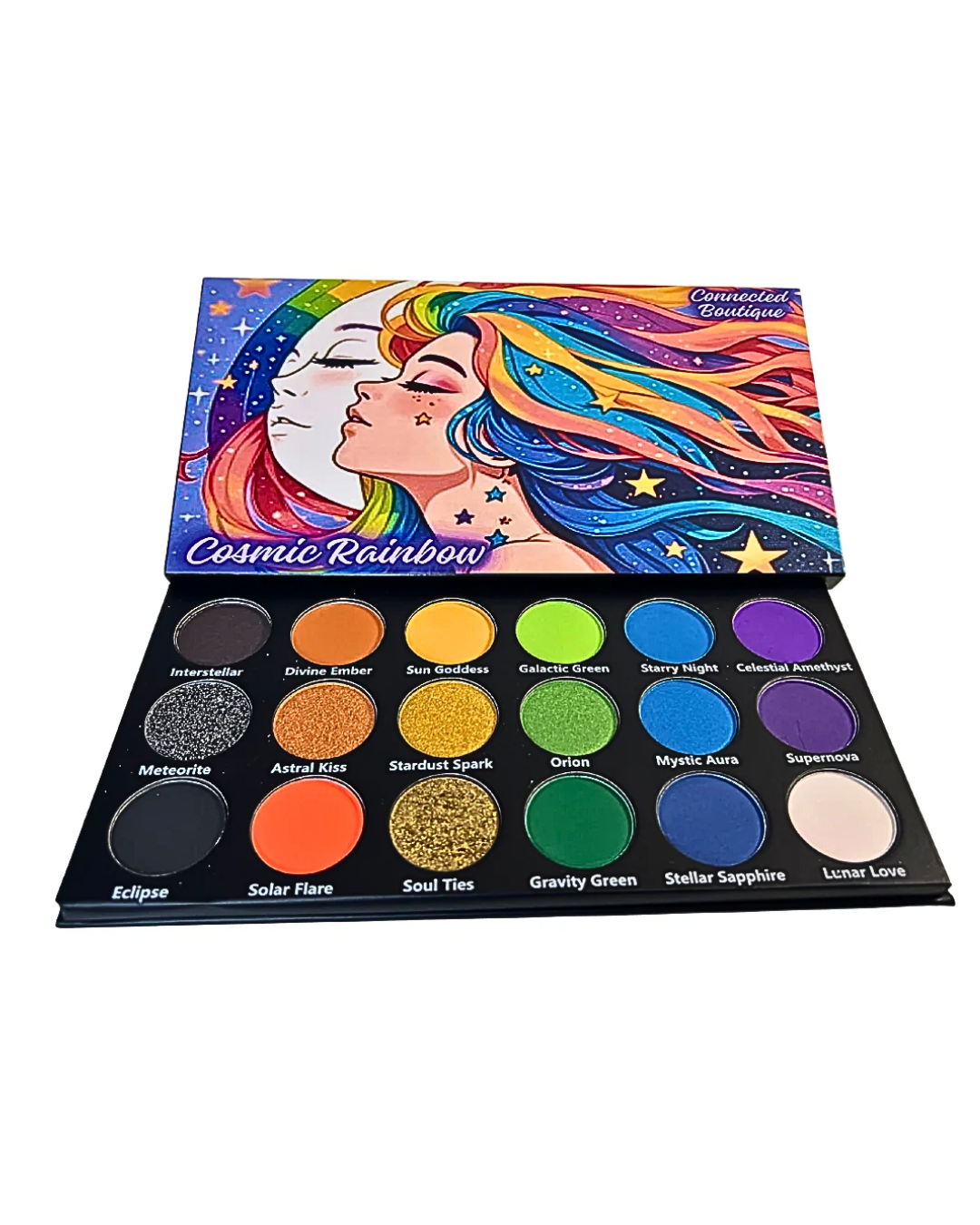 Connected Boutique - Wholesale Eyeshadow Palette - Cosmic Rainbow 18‑Shade Eyeshadow Palette – Celestial Hues & Glitter5