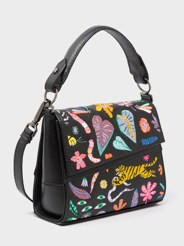 Anastasio Micro Crossbody Handbag Black Leather - Autumn Blush Embroidery for wholesale by Min & Mon