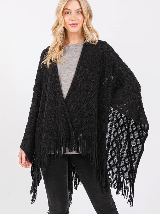 Hana – wholesale Cardigan – Women’s – Diamond Pattern Tassel Knit Ruana Winter Cardigan10