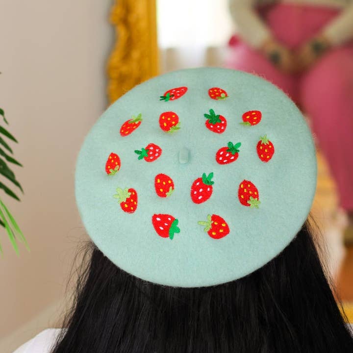 Strawberries Embroidered Beret! for wholesale by Clammy Heart