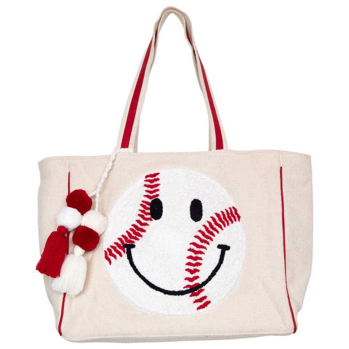 Beige Canvas Baseball Oversized Happy Face Tote Bag for Women for wholesale on Faire