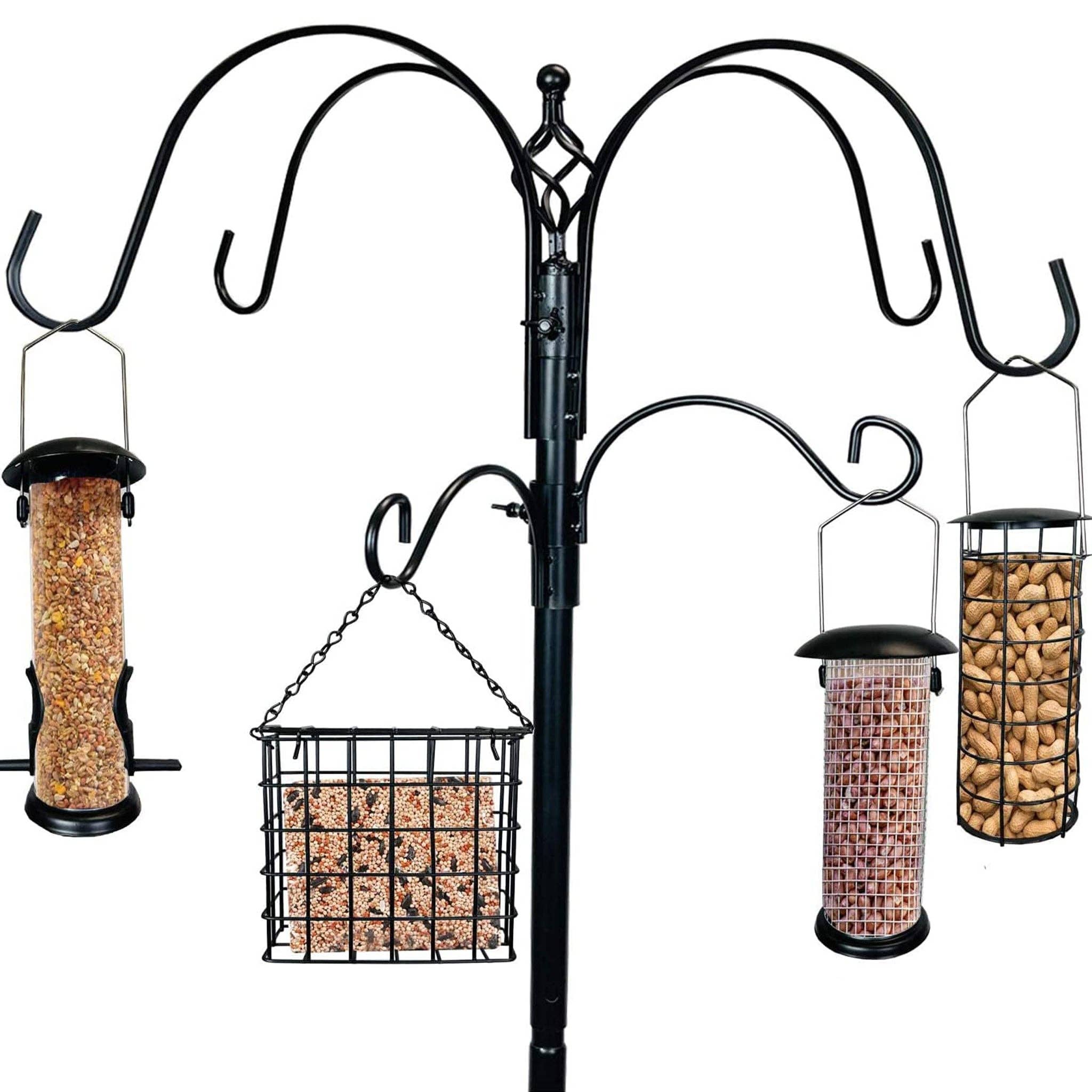 Ashman Online - Wholesale Bird Feeder - Ashman Deluxe Premium Bird Feeding Station, 22" Wide x 91" Tall (82 inch Above Ground) Black with 4 Multiple Hooks and 4 Bird Feeders Hanging Kit.3