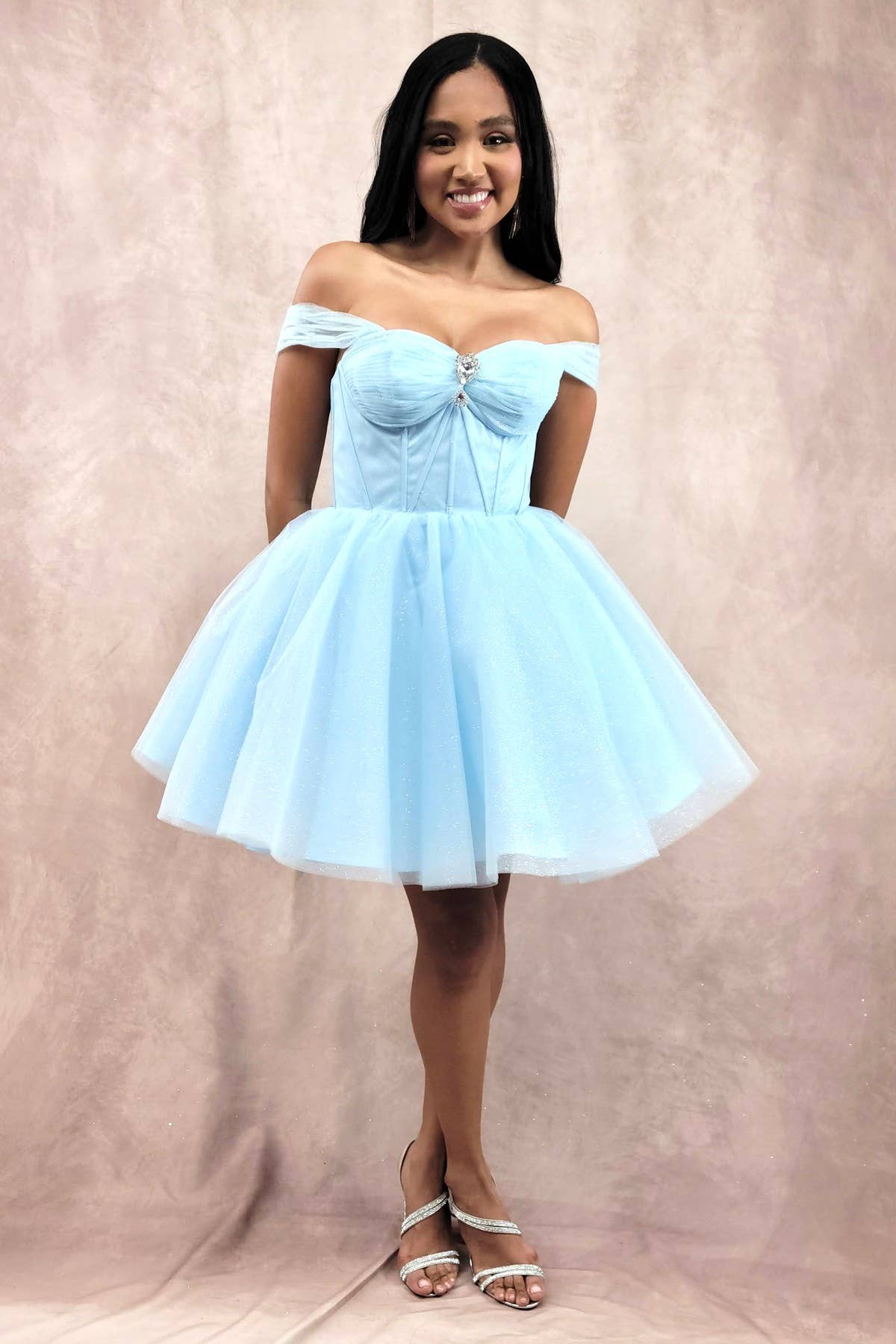 Chicas - Wholesale Dress - Women's - Short Off The Shoulder Tulle Dress With Brooch1