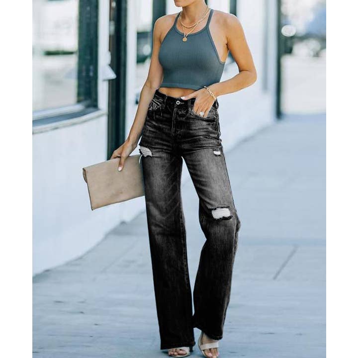 Anna Kaci Wholesale - Wholesale Jeans - Women's - High Waist Distressed Wide Leg Jeans4