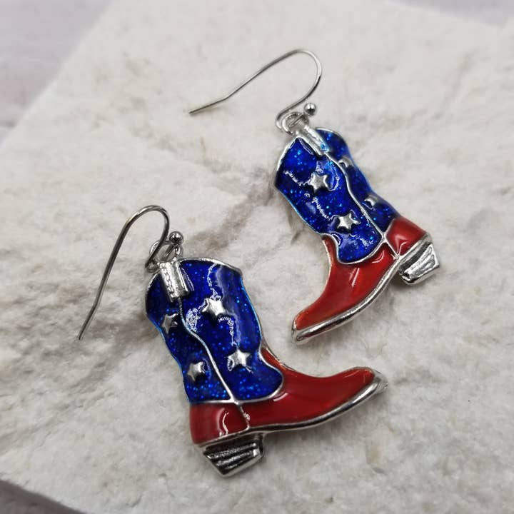 4th of July Western Cowgirl Patriotic Boots Earrings for wholesale by Treasure Wholesale