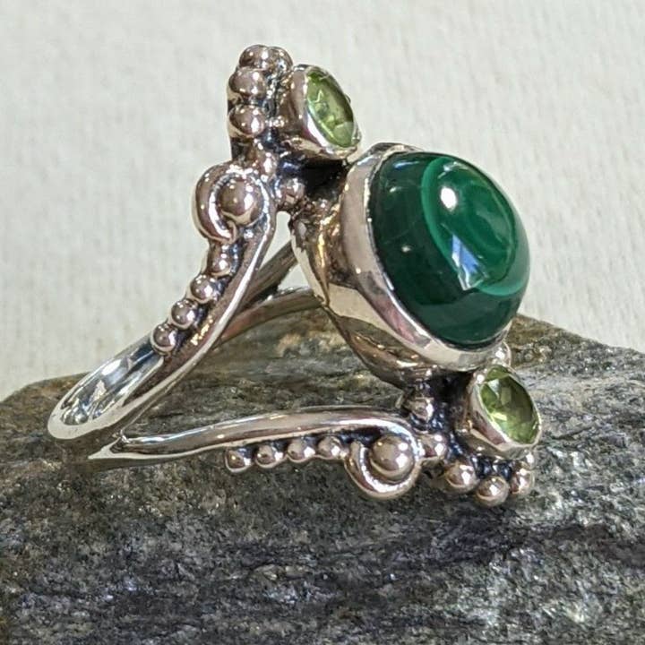 Saraswati Imports - Wholesale Cocktail/Statement Ring - Anastasia Malachite & Peridot Sterling Ring
