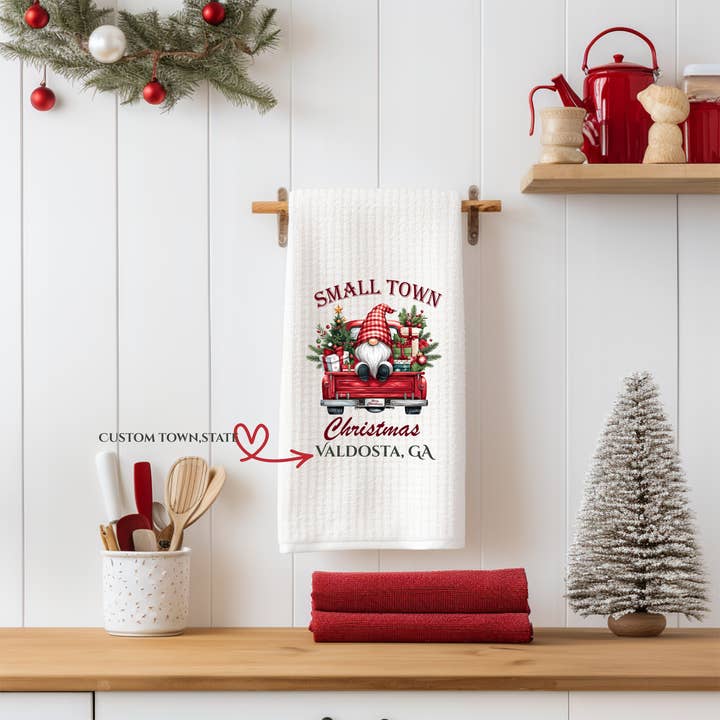 Christmas Gnome In Red Truck Kitchen Towel-Customizable for wholesale by JAC Wholesale