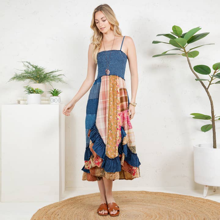 Young Threads - Wholesale Dress - Women's - Ruffled Midi Dress with Denim Inserts