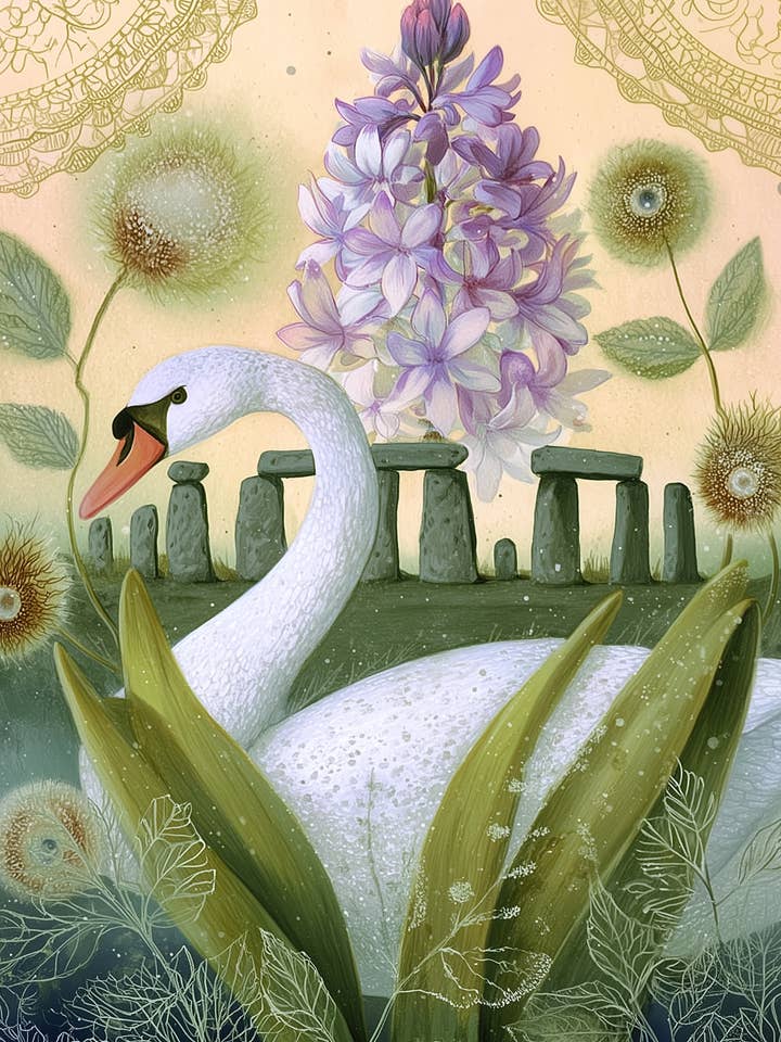 Primavera en Stonehenge: Jacinto y Cisne | Kaart Fripperies para venta al por mayor de Fripperies