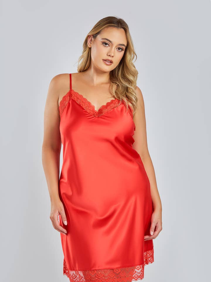 Celina Plus Size Satin Chemise W/ Lace Trim for wholesale by iCollection