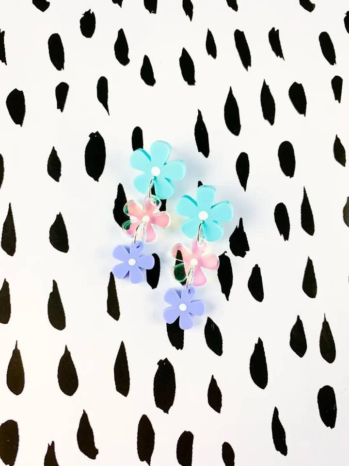 Mint, Periwinkle, Iridescent Acrylic Flower Dangle Earrings for wholesale by Sapphire Frills Ltd
