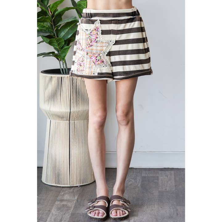 BLACK WASHED STAR PATCH STRIPE SHORTS for wholesale on Faire