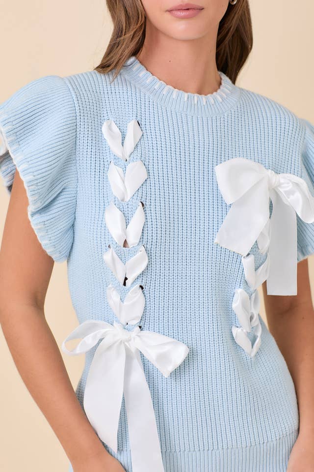 Main Strip - Wholesale Knit Sweater - Women's - Weaved Ribbon Bow Detail Sweater Knit Top
