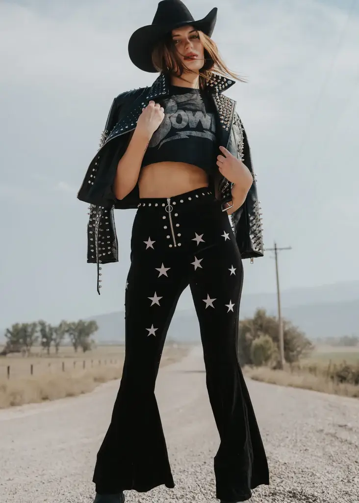 Pretty Attitude Clothing – wholesale Pants – Women's – Black Western Star Velvet Bell Bottoms 70S Flare Pants3