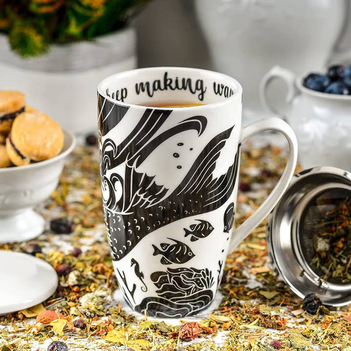 Greenline Goods - Wholesale Coffee Mug - Mermaid Coffee and Tea Mug With Ceramic Lid + Infuser (16oz)